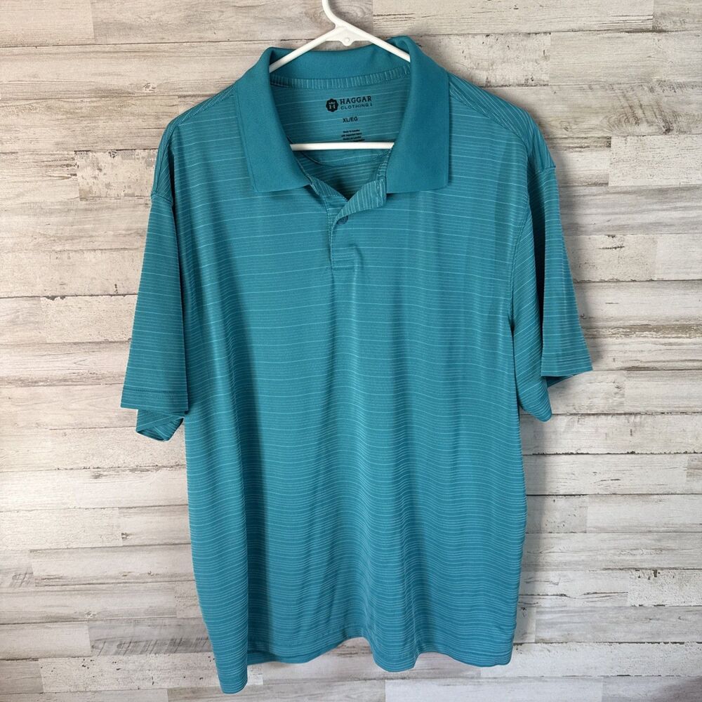 Haggar Polo Golf Shirt Men’s XL Teal Striped Short Sleeves Button Up Collared